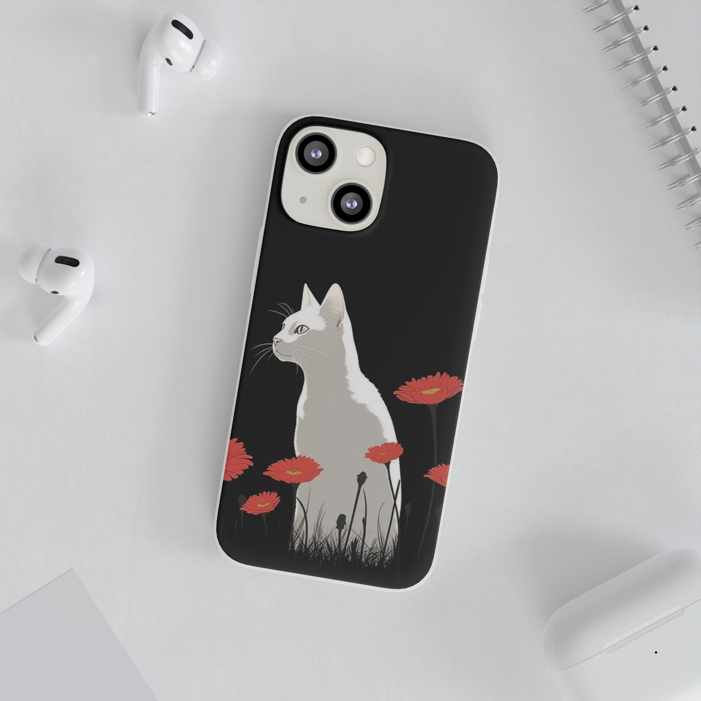 iPhone Flexi Case - White Cat Red Flowers