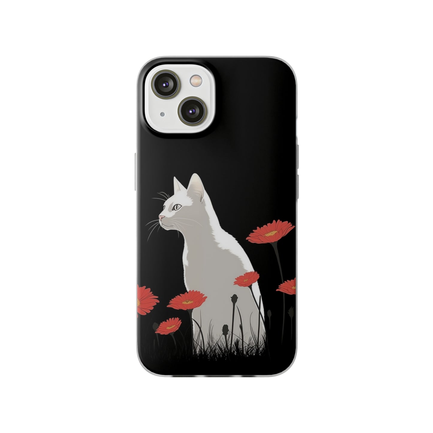 iPhone Flexi Case - White Cat Red Flowers