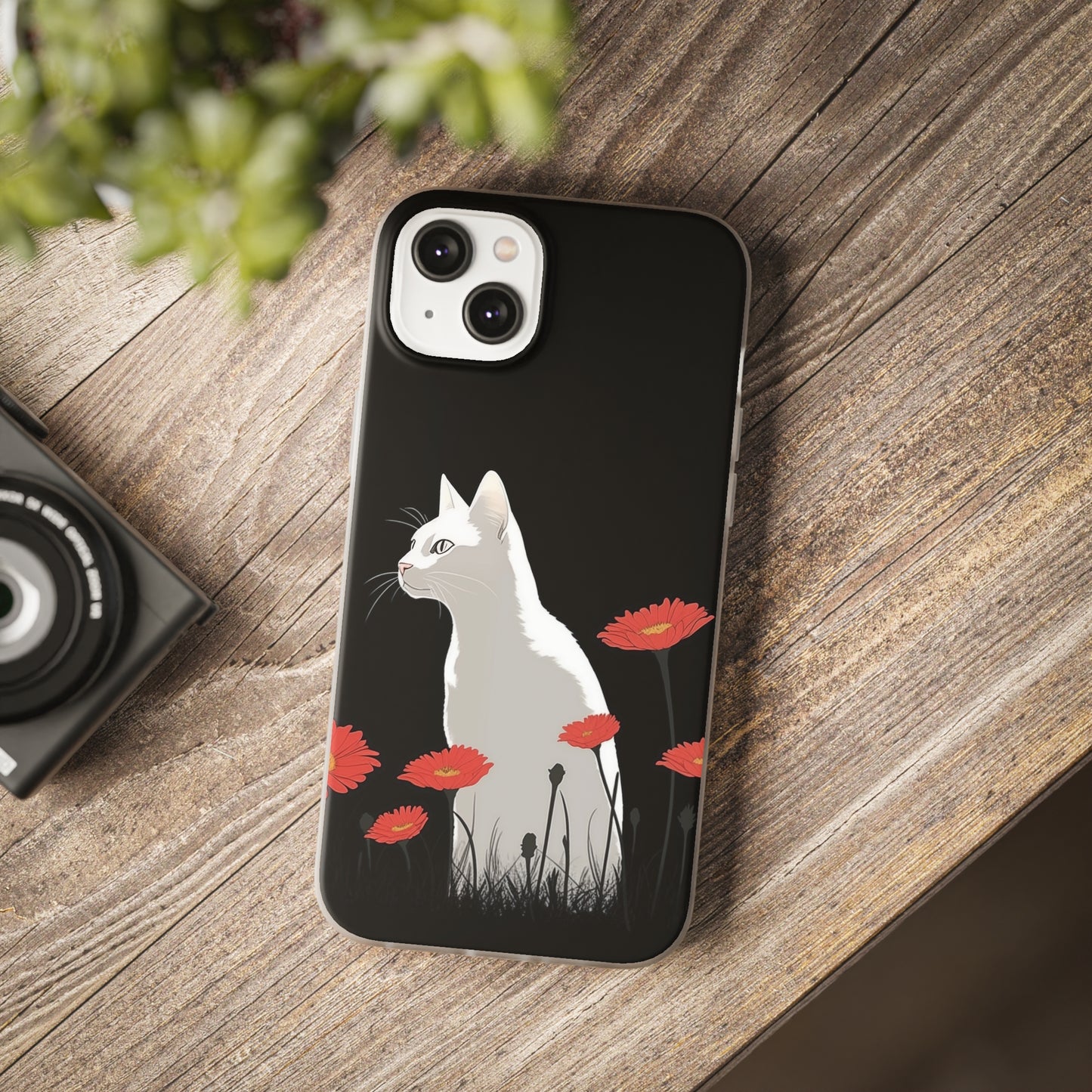 iPhone Flexi Case - White Cat Red Flowers