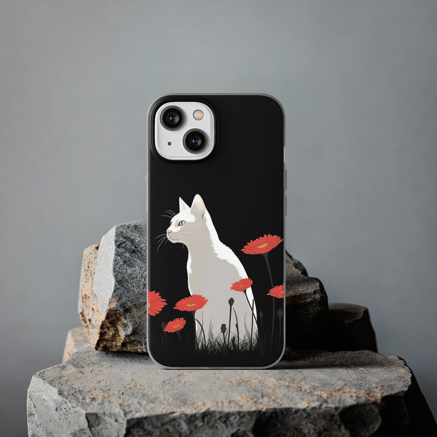 iPhone Flexi Case - White Cat Red Flowers