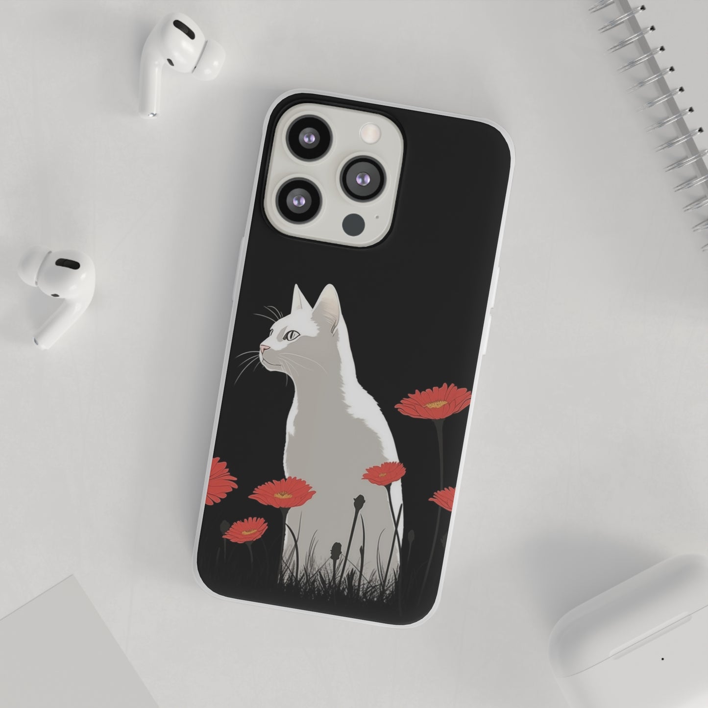 iPhone Flexi Case - White Cat Red Flowers