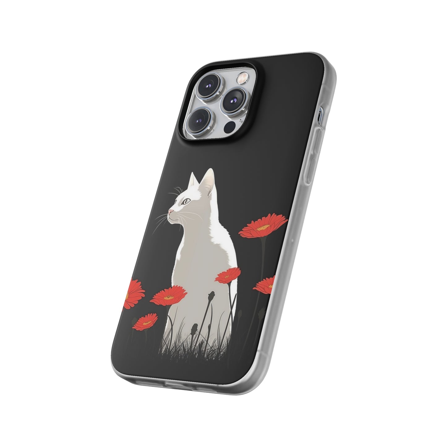 iPhone Flexi Case - White Cat Red Flowers