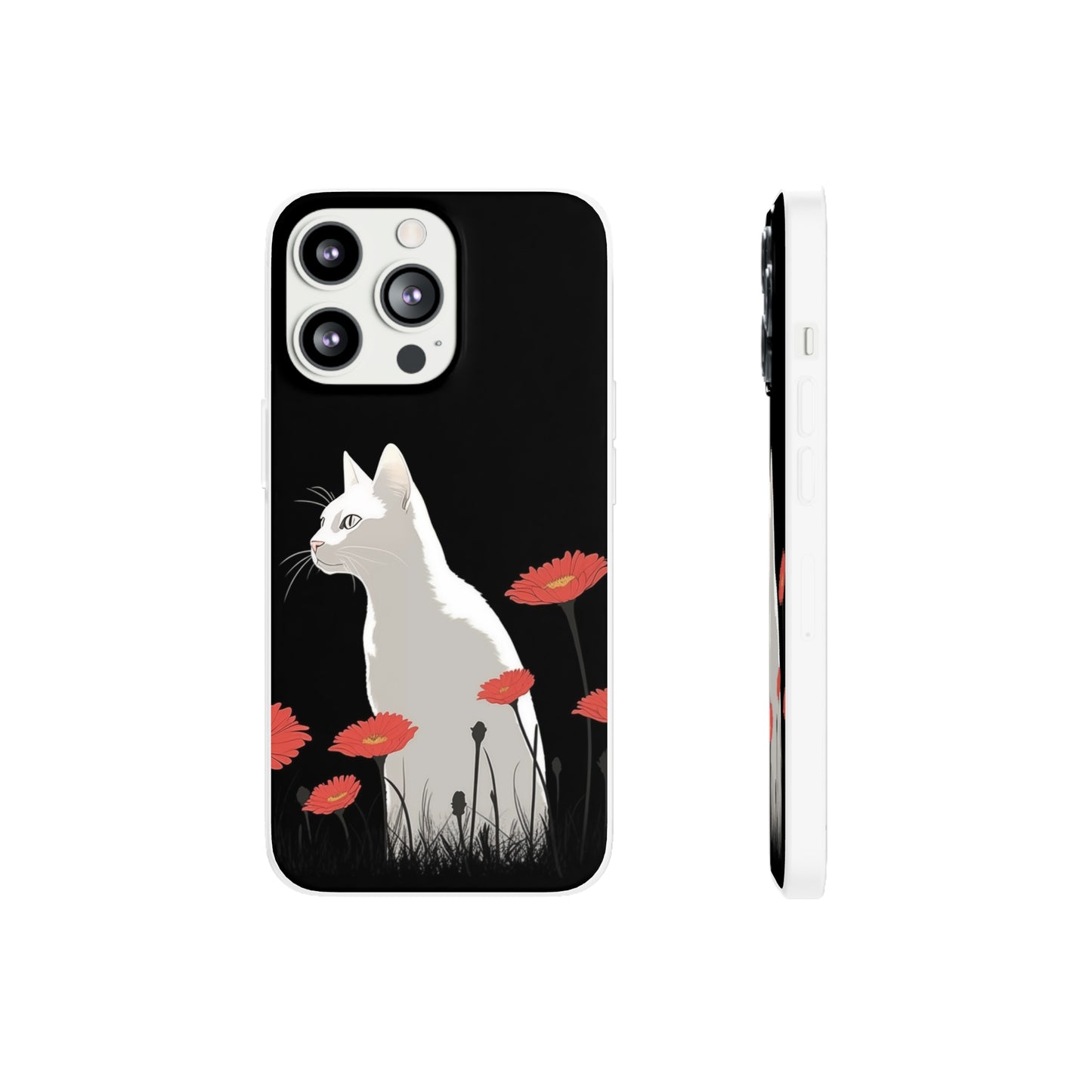 iPhone Flexi Case - White Cat Red Flowers