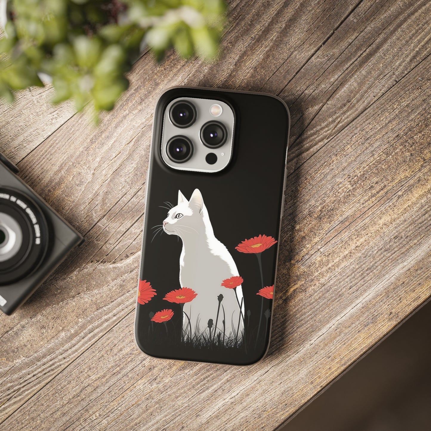 iPhone Flexi Case - White Cat Red Flowers