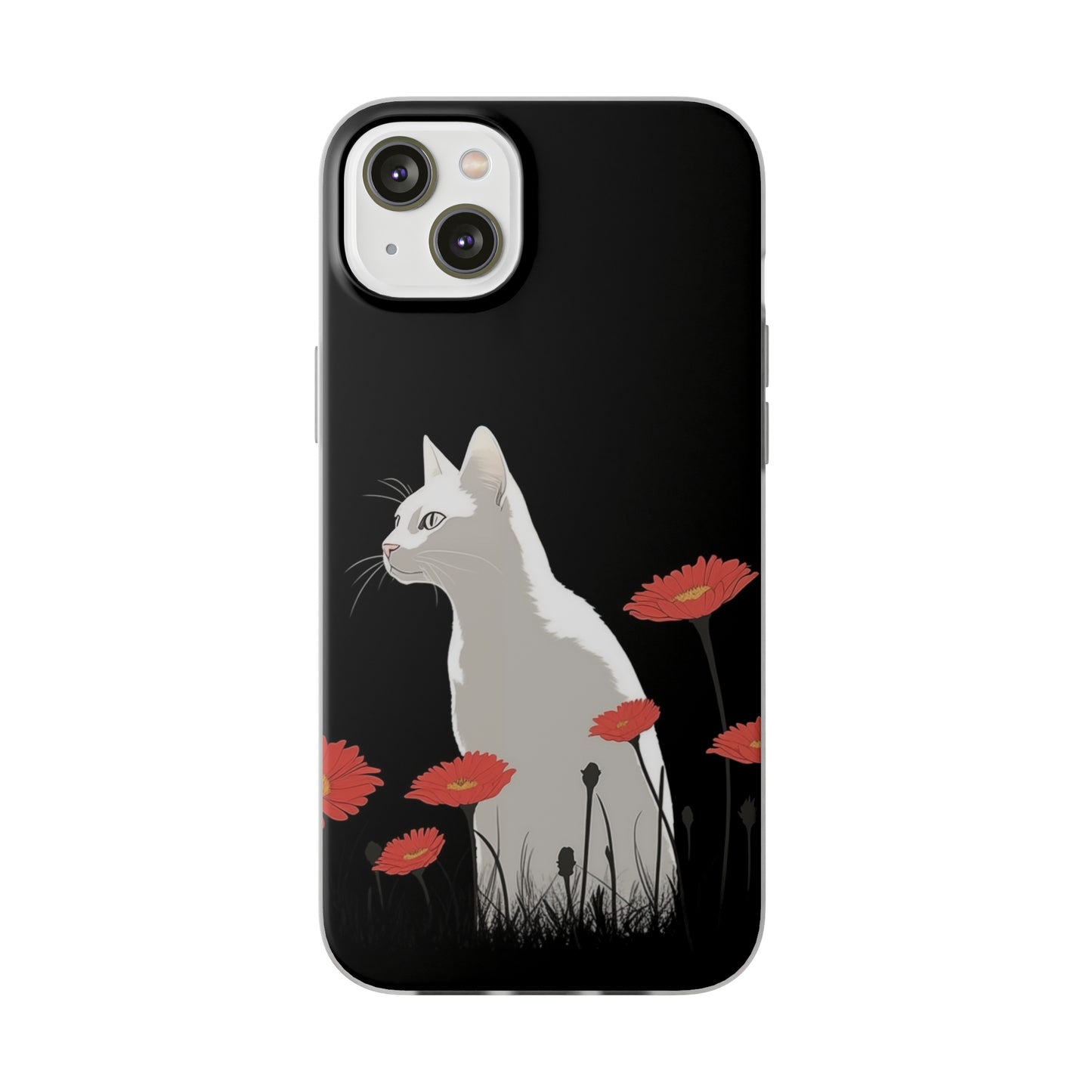 iPhone Flexi Case - White Cat Red Flowers