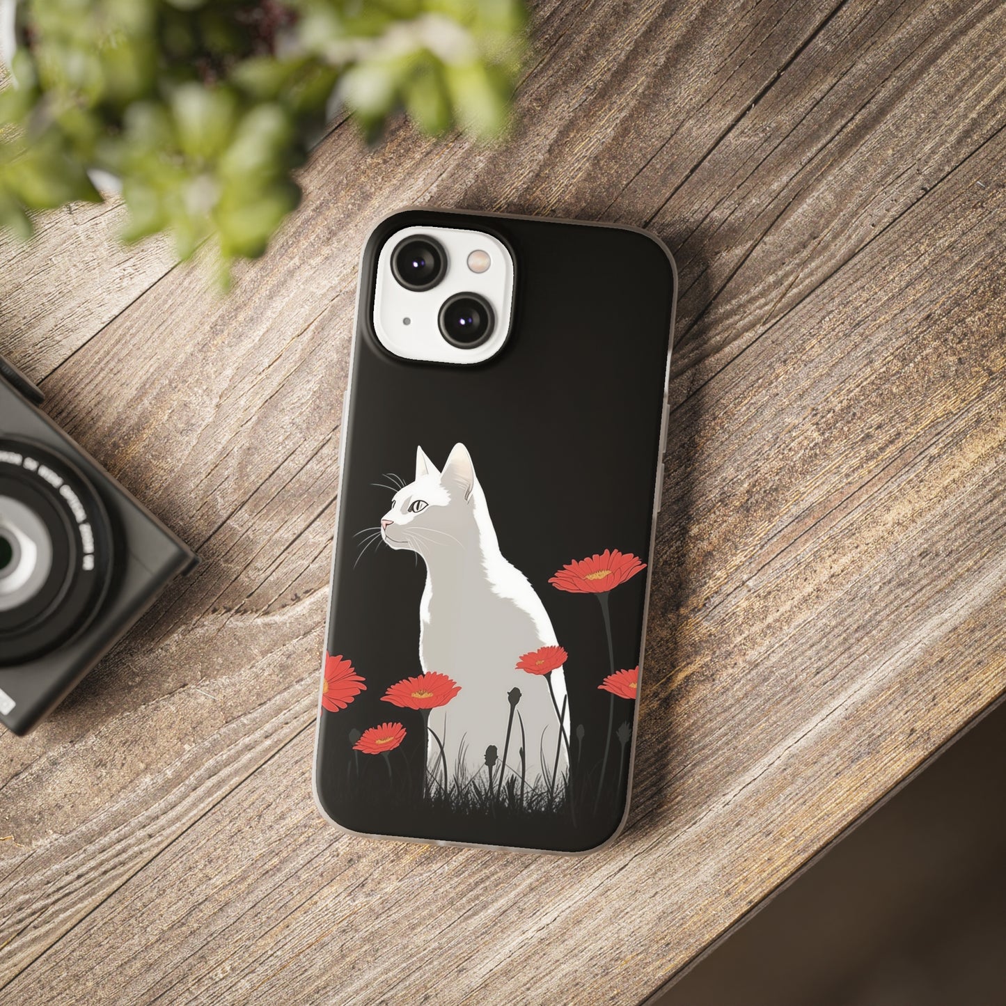 iPhone Flexi Case - White Cat Red Flowers