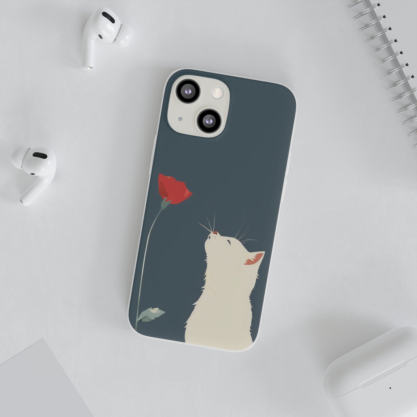 iPhone Flexi Case - White Cat Red Poppy, Perfect Gift For Cat Moms, Mothers Day, Birthday