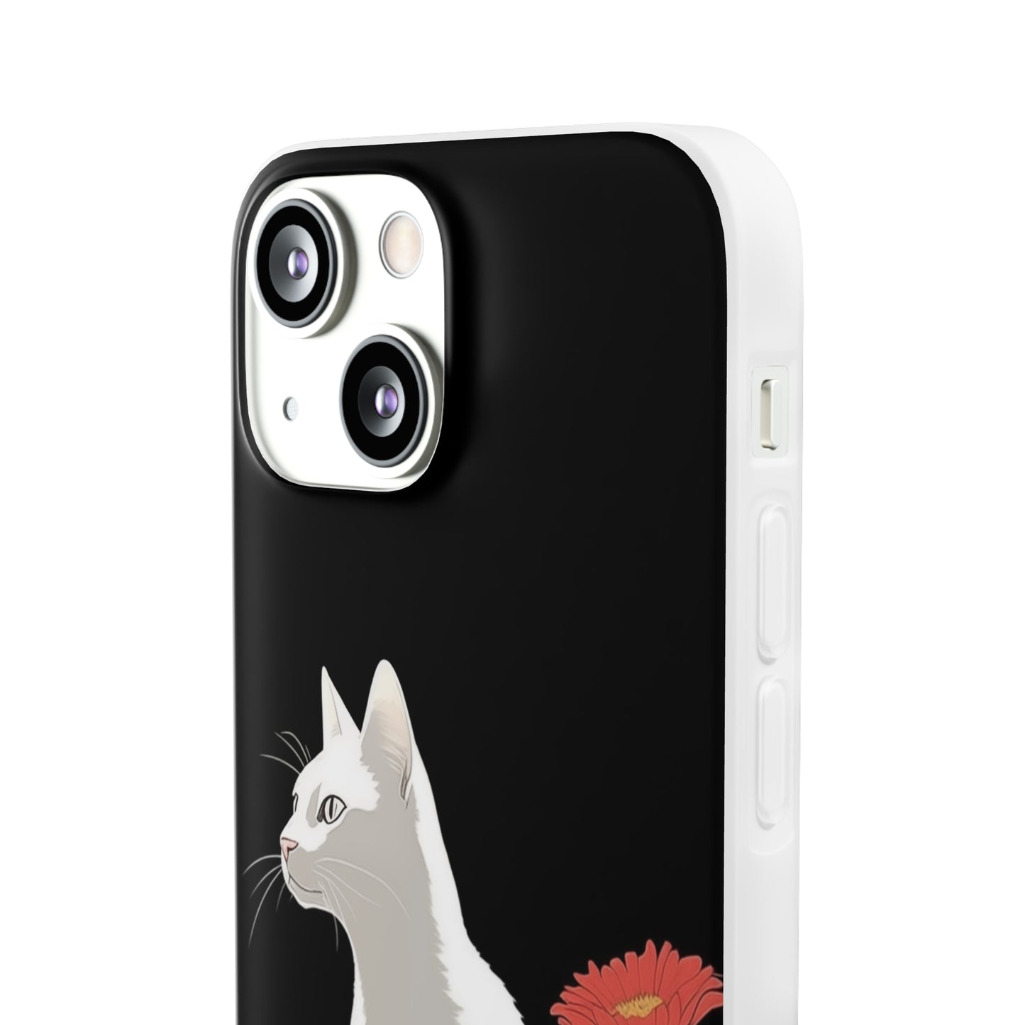 iPhone Flexi Case - White Cat Red Flowers