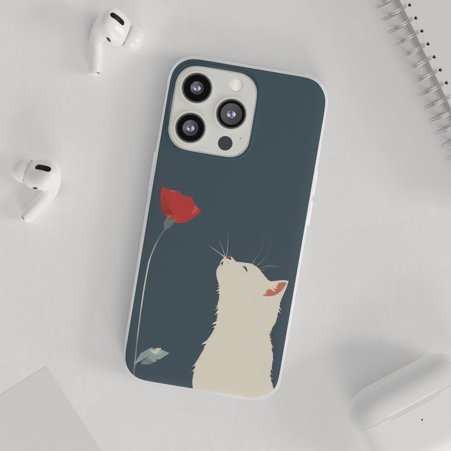 iPhone Flexi Case - White Cat Red Poppy, Perfect Gift For Cat Moms, Mothers Day, Birthday