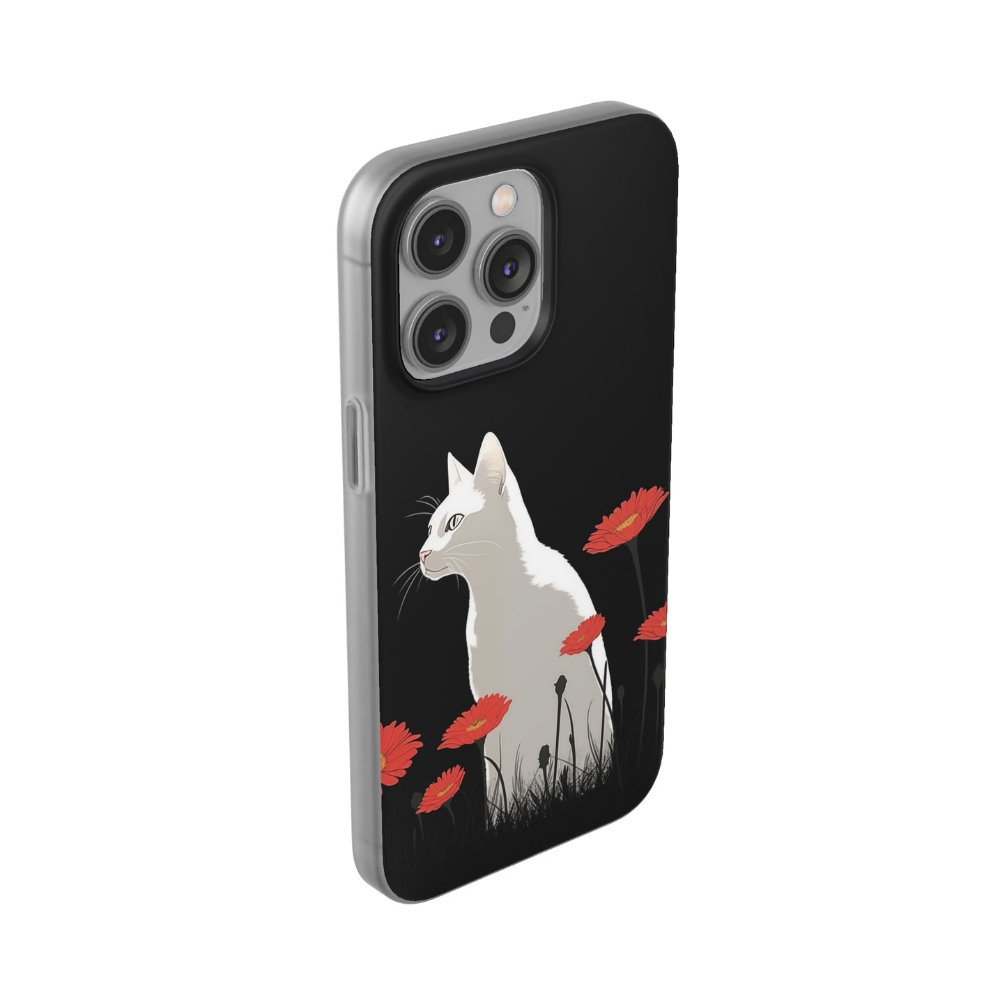 iPhone Flexi Case - White Cat Red Flowers