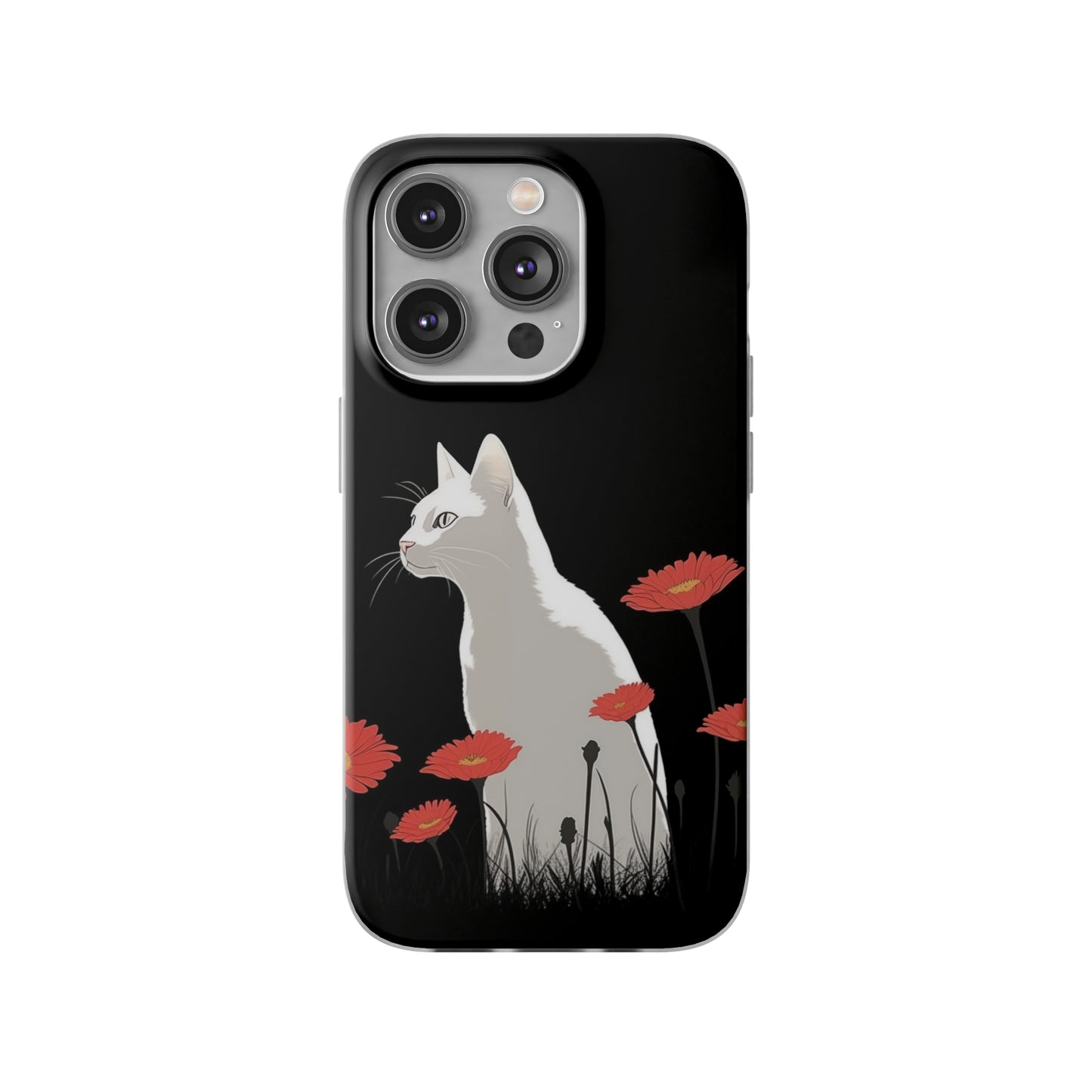 iPhone Flexi Case - White Cat Red Flowers