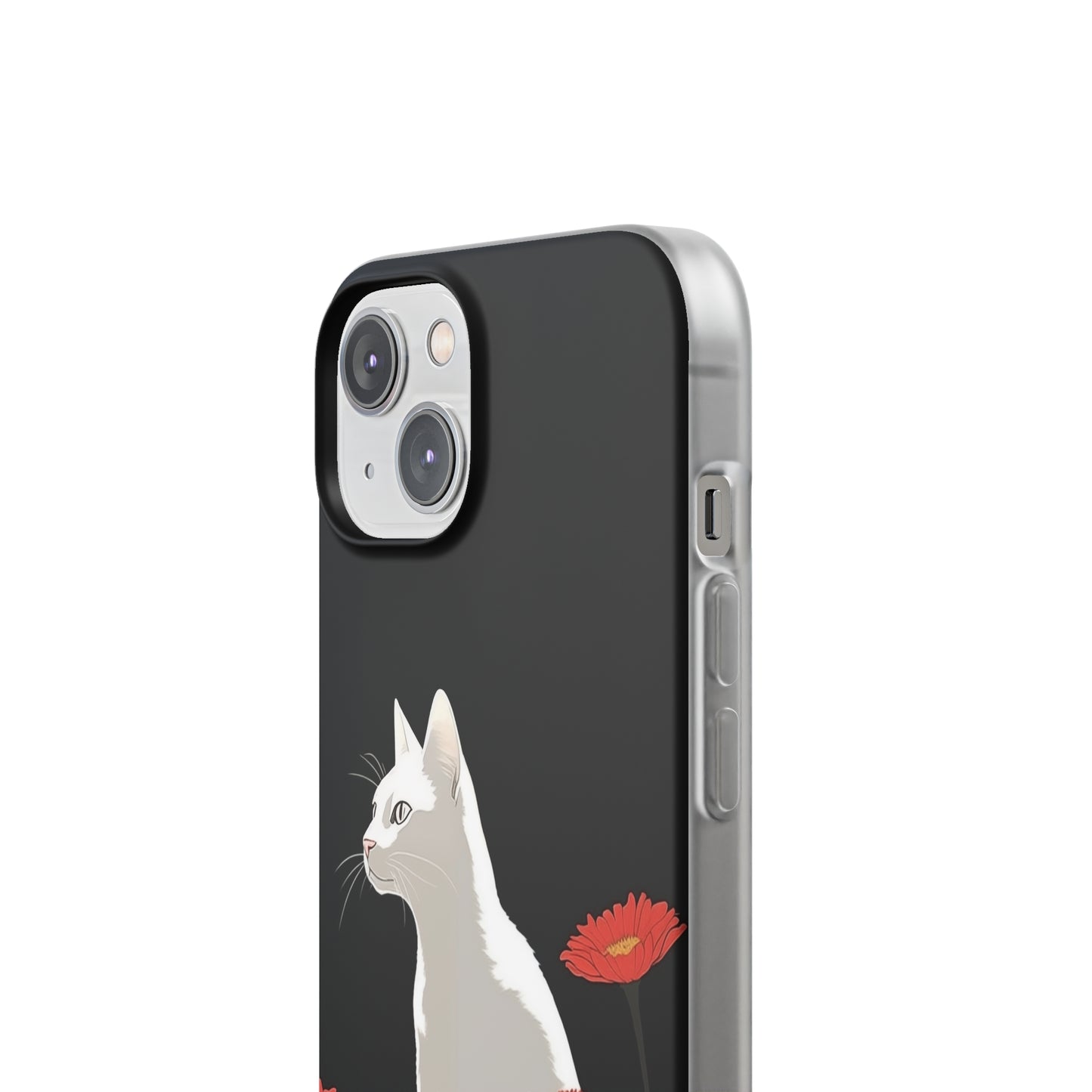 iPhone Flexi Case - White Cat Red Flowers