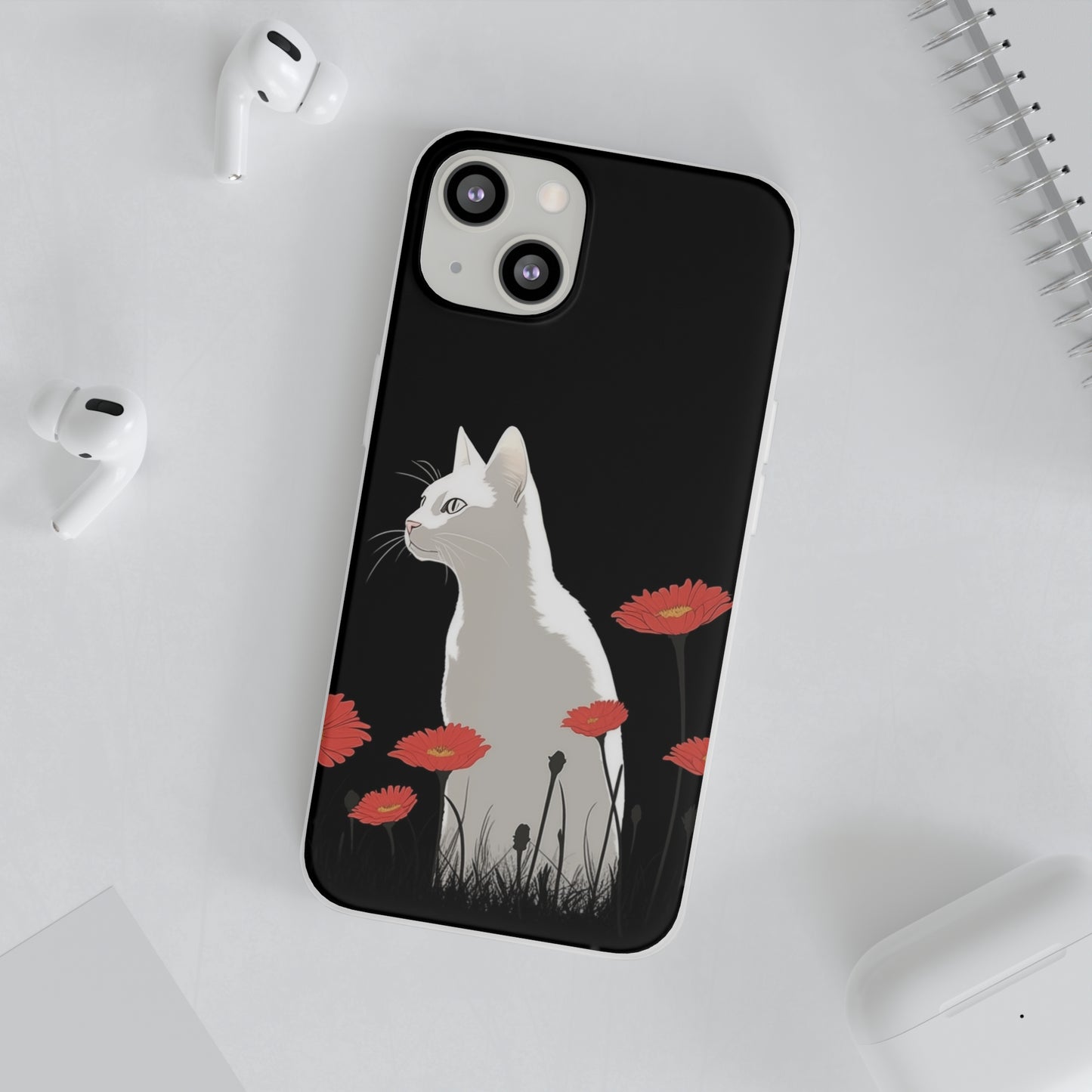 iPhone Flexi Case - White Cat Red Flowers