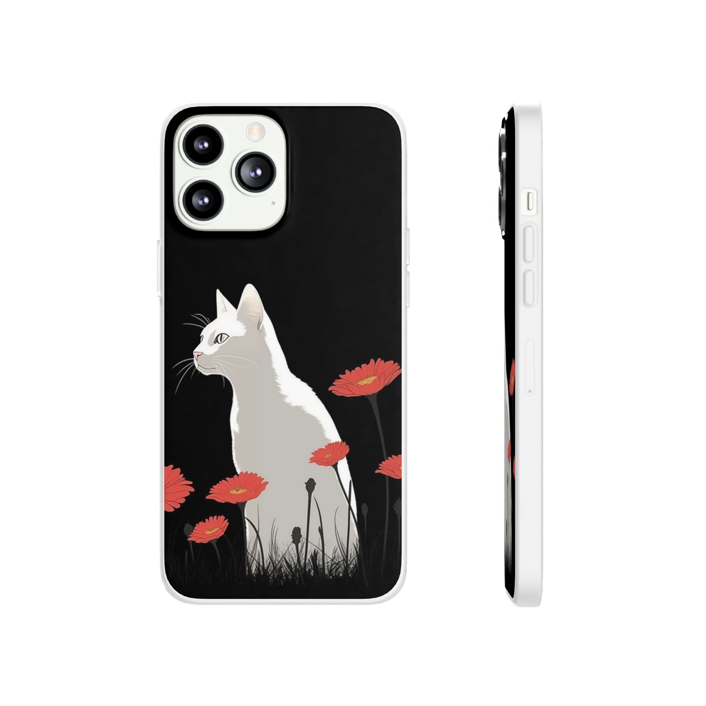 iPhone Flexi Case - White Cat Red Flowers