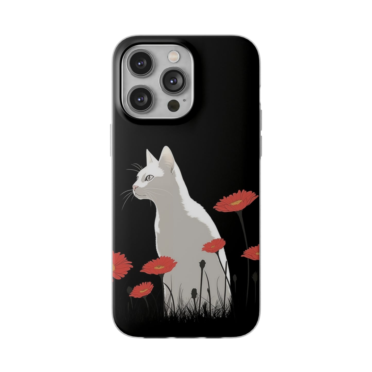 iPhone Flexi Case - White Cat Red Flowers