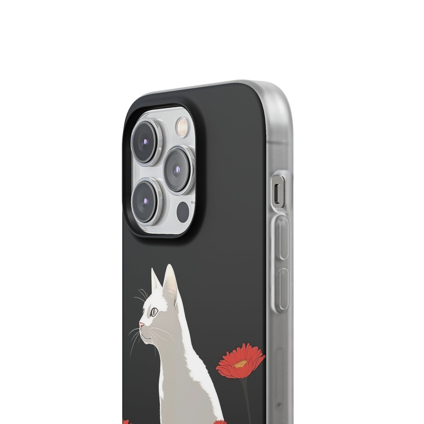 iPhone Flexi Case - White Cat Red Flowers