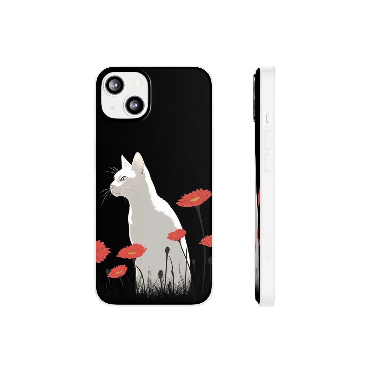 iPhone Flexi Case - White Cat Red Flowers