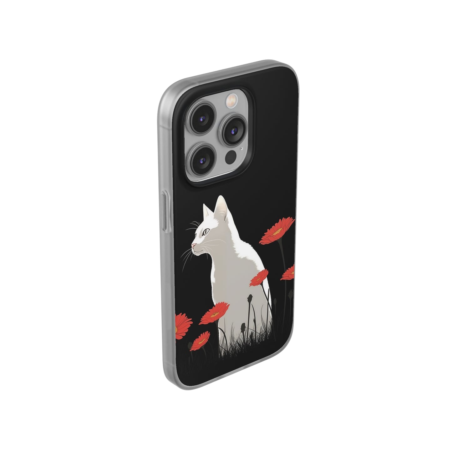 iPhone Flexi Case - White Cat Red Flowers