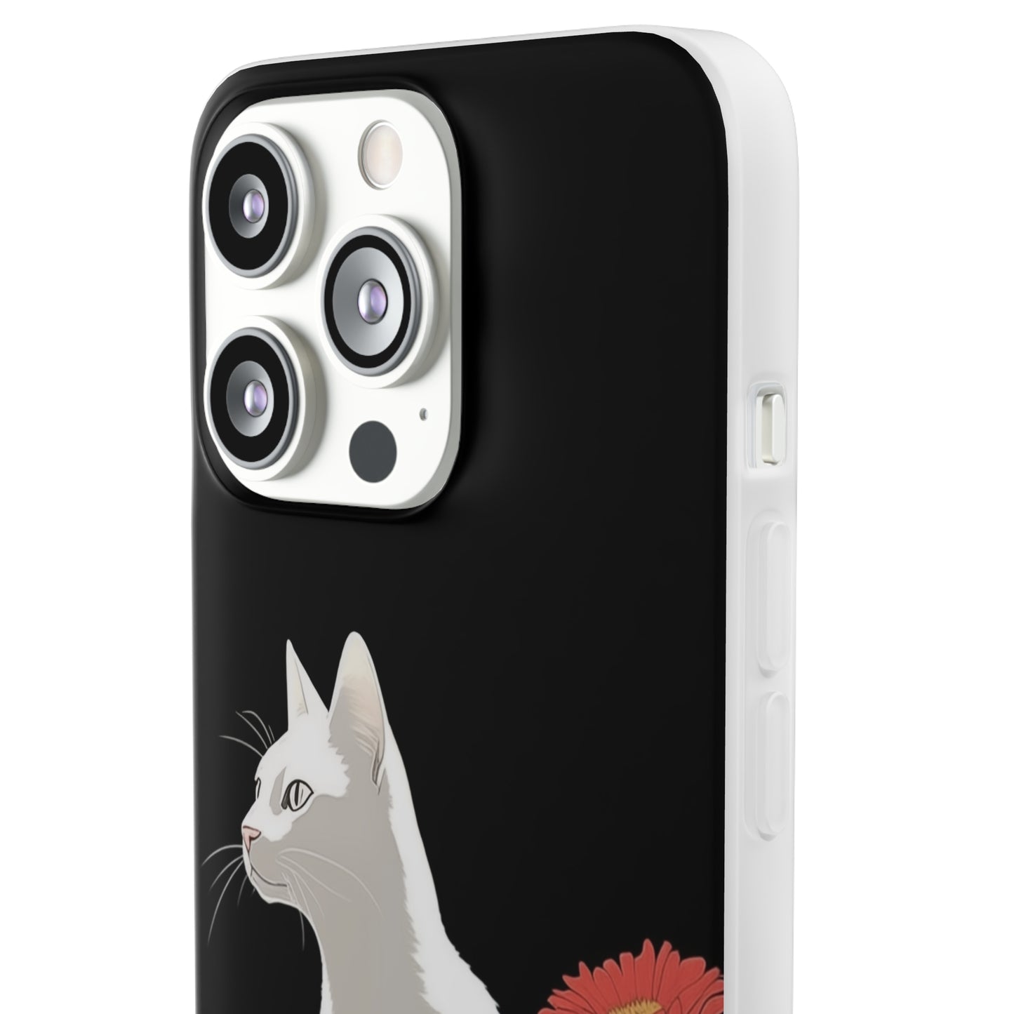 iPhone Flexi Case - White Cat Red Flowers