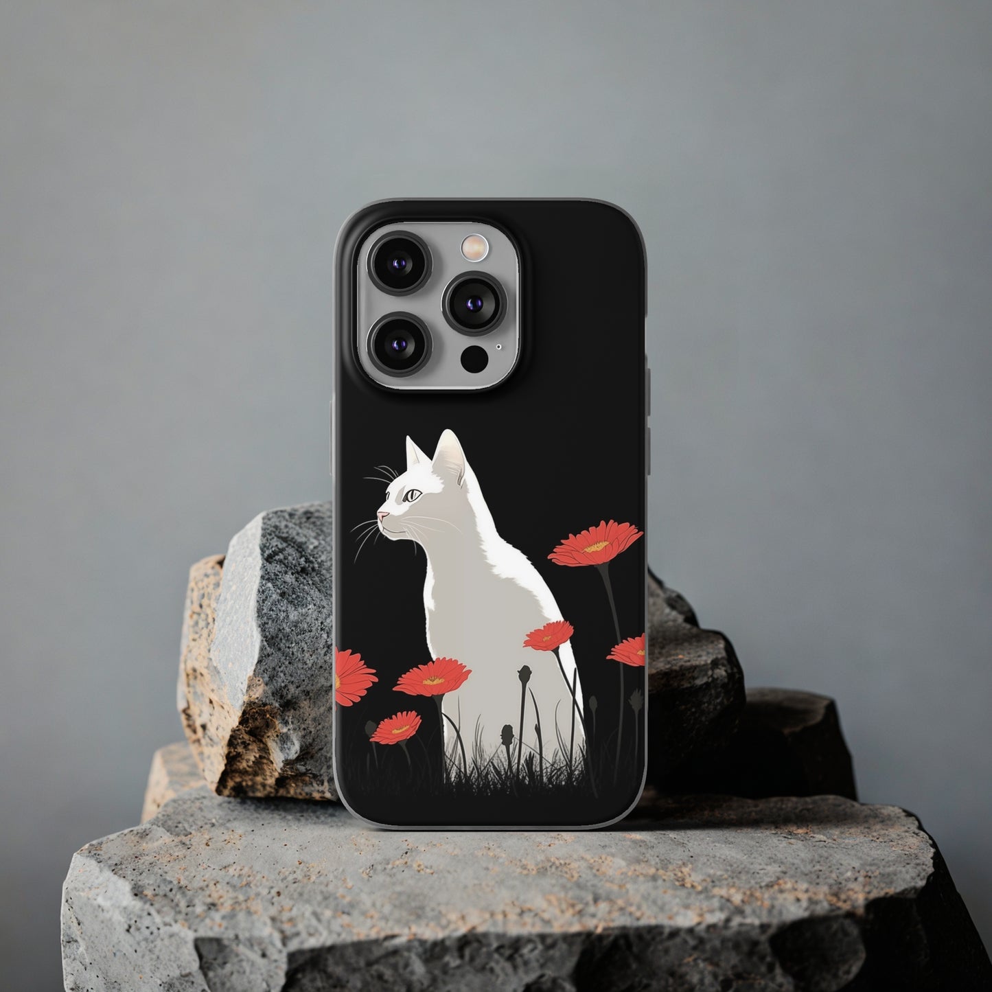 iPhone Flexi Case - White Cat Red Flowers