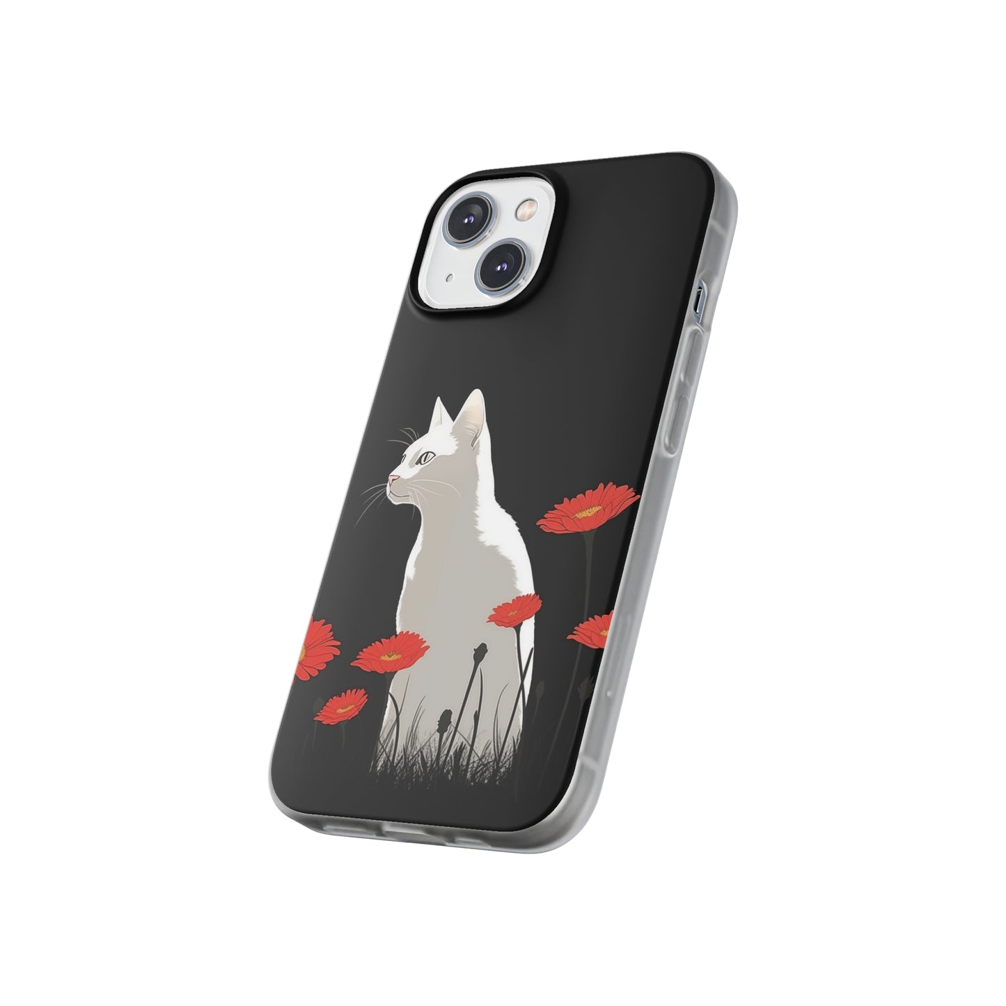 iPhone Flexi Case - White Cat Red Flowers