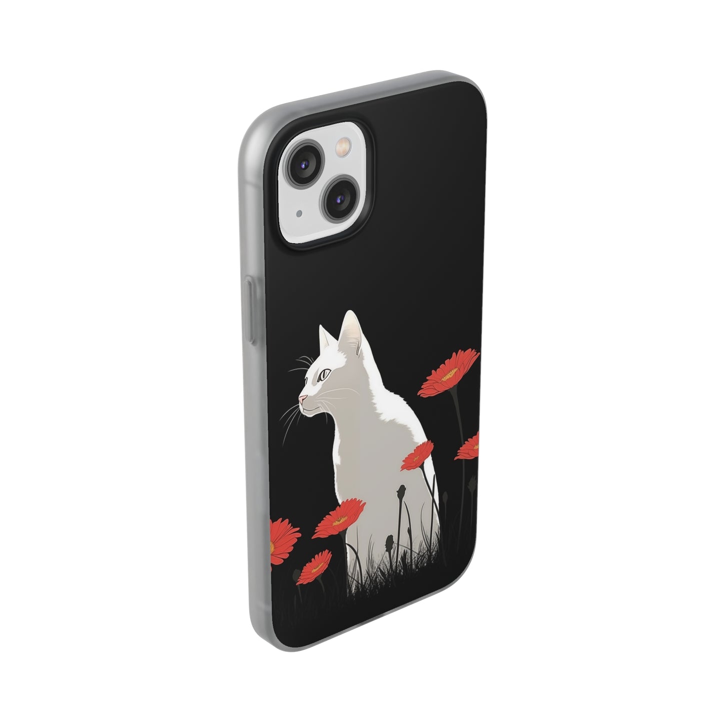 iPhone Flexi Case - White Cat Red Flowers