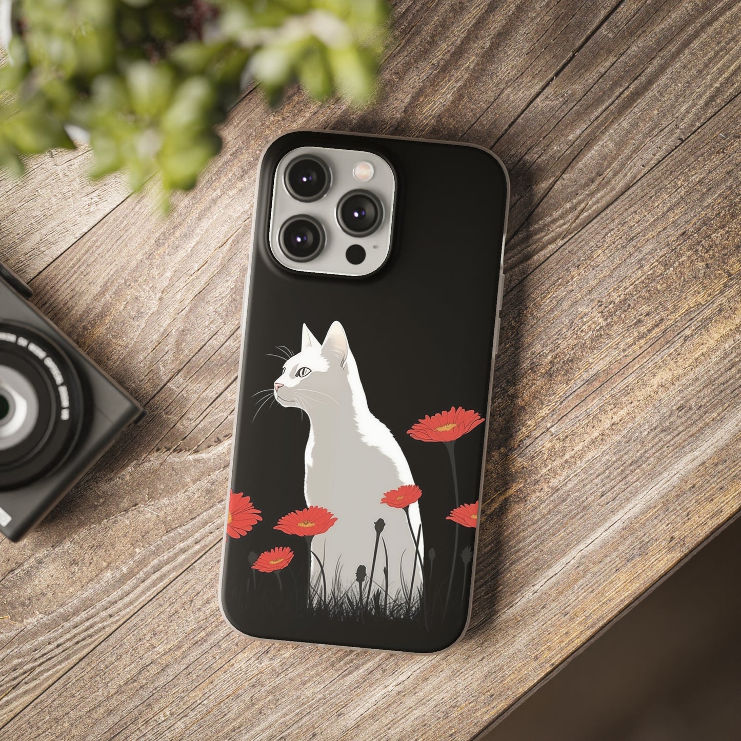 iPhone Flexi Case - White Cat Red Flowers