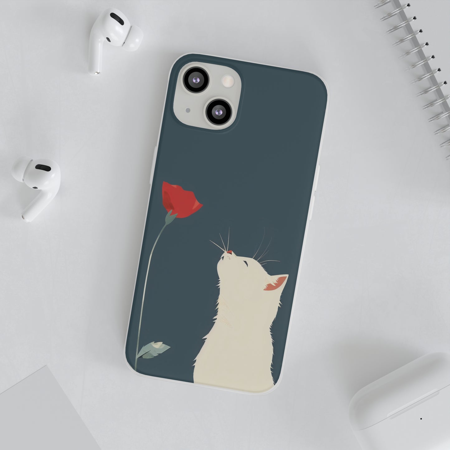 iPhone Flexi Case - White Cat Red Poppy, Perfect Gift For Cat Moms, Mothers Day, Birthday