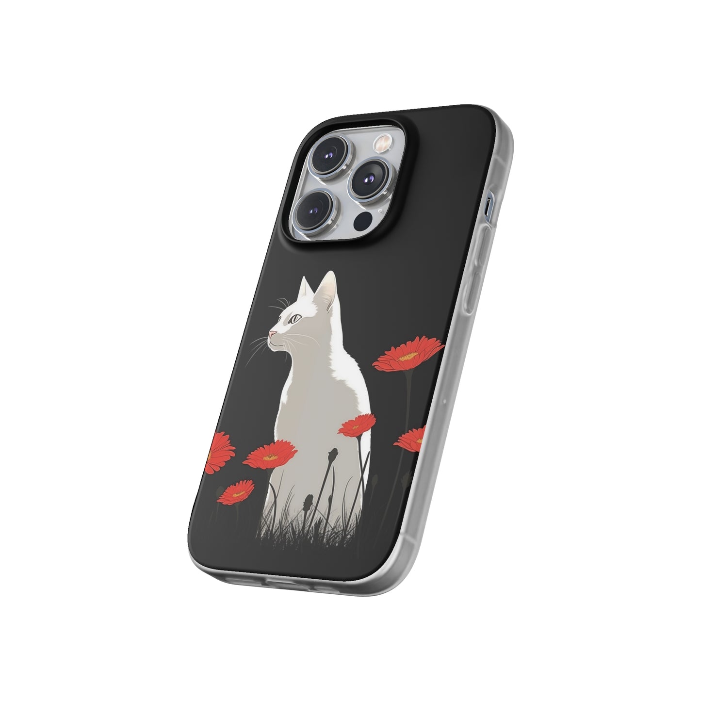 iPhone Flexi Case - White Cat Red Flowers
