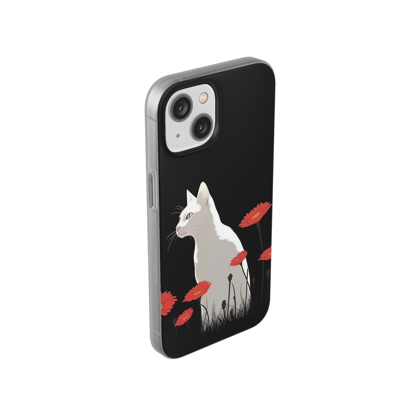 iPhone Flexi Case - White Cat Red Flowers