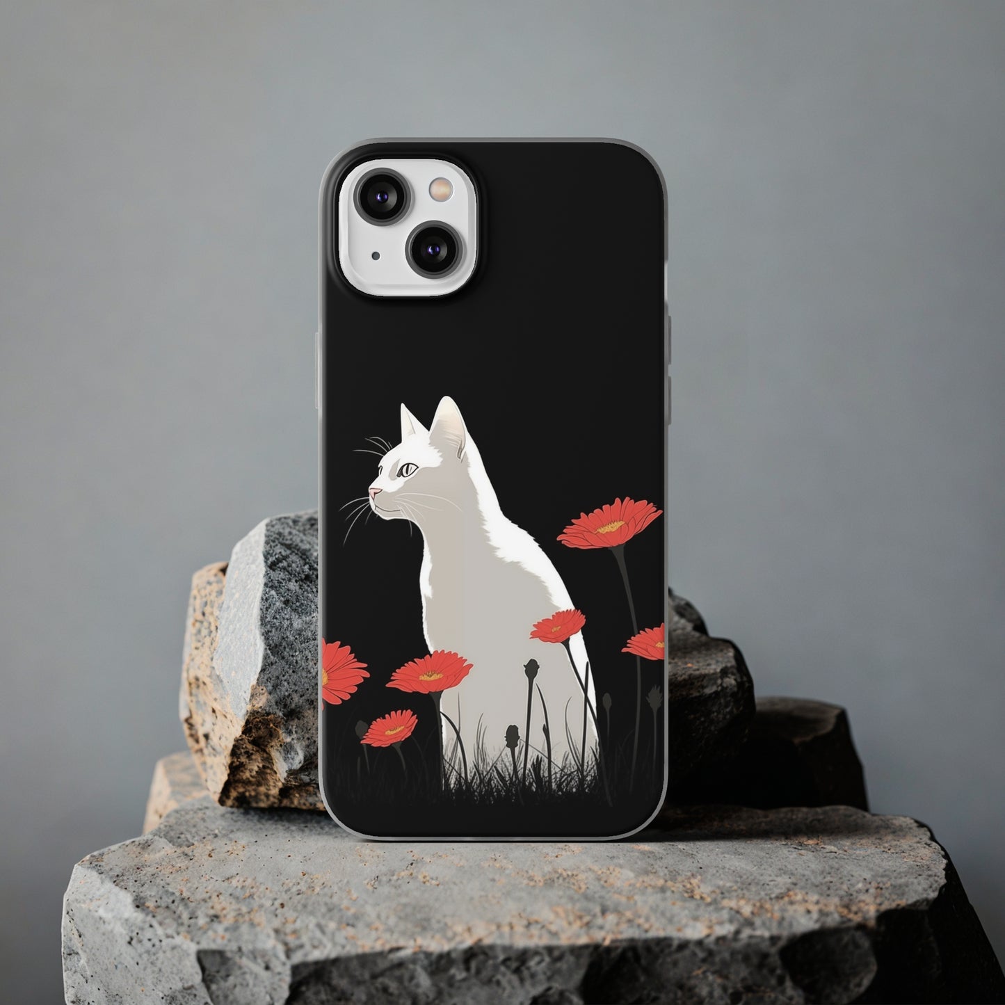 iPhone Flexi Case - White Cat Red Flowers