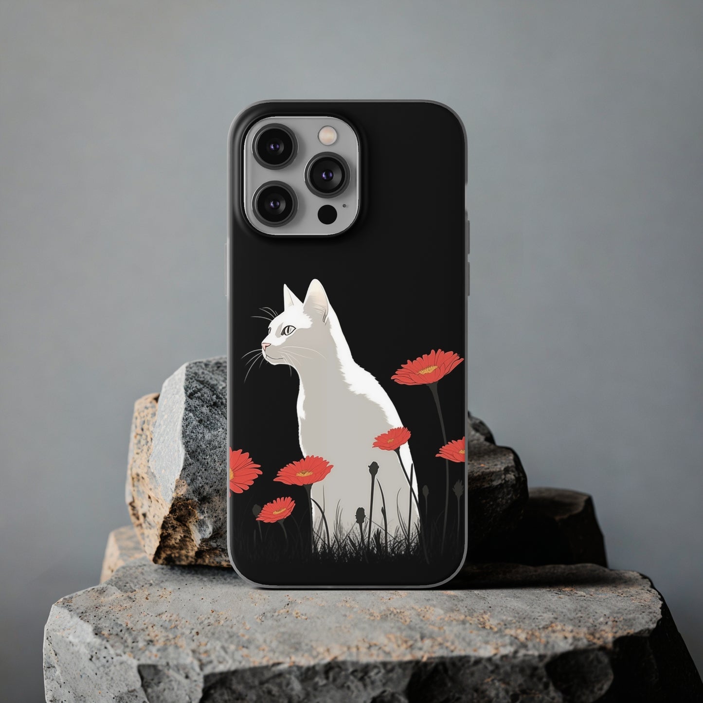 iPhone Flexi Case - White Cat Red Flowers