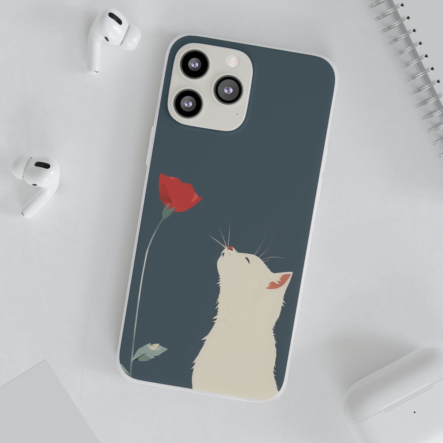 iPhone Flexi Case - White Cat Red Poppy, Perfect Gift For Cat Moms, Mothers Day, Birthday