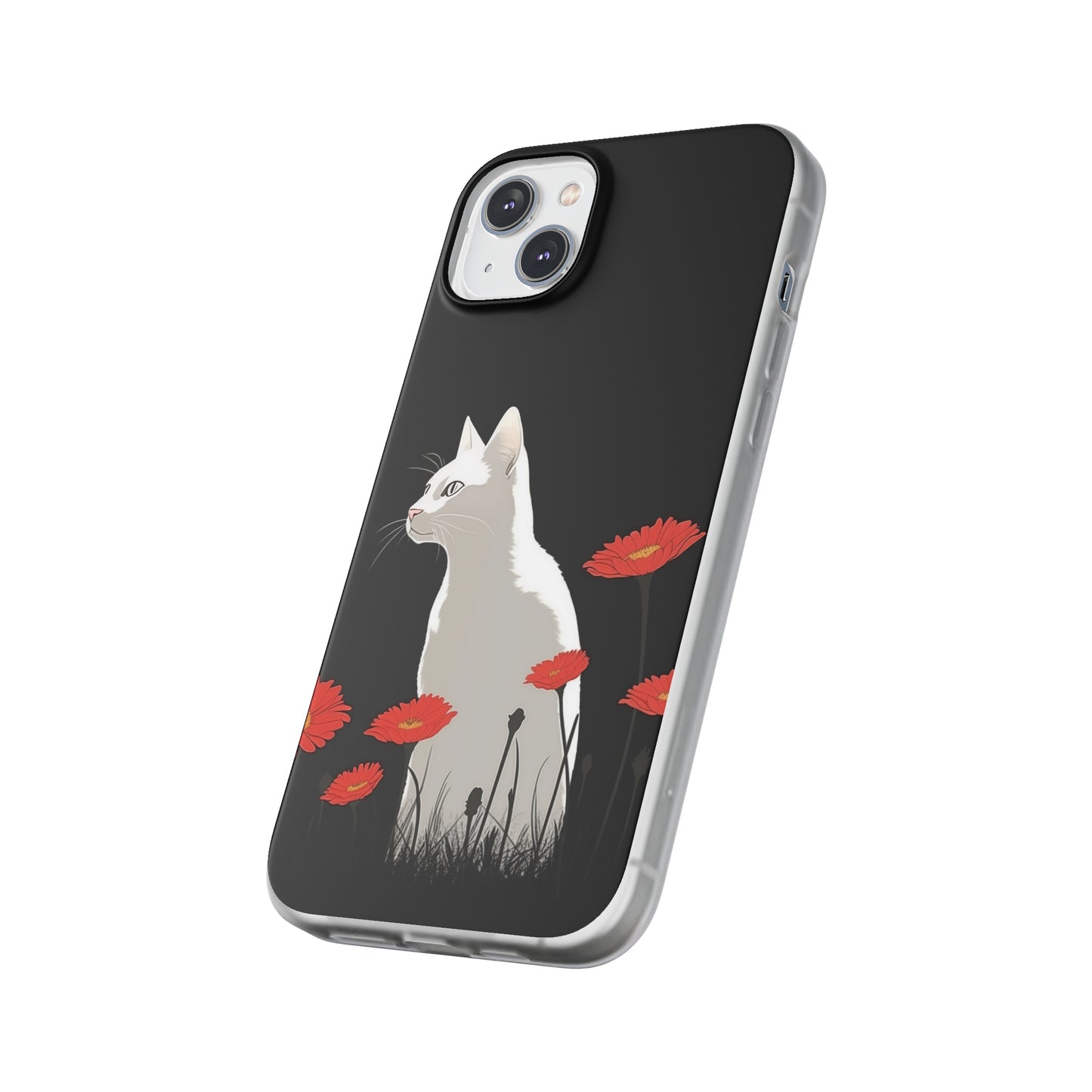 iPhone Flexi Case - White Cat Red Flowers