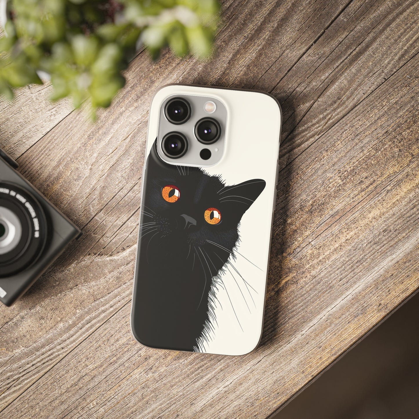 iPhone Flexi Case - Black Cat Orange Eyes Illustration