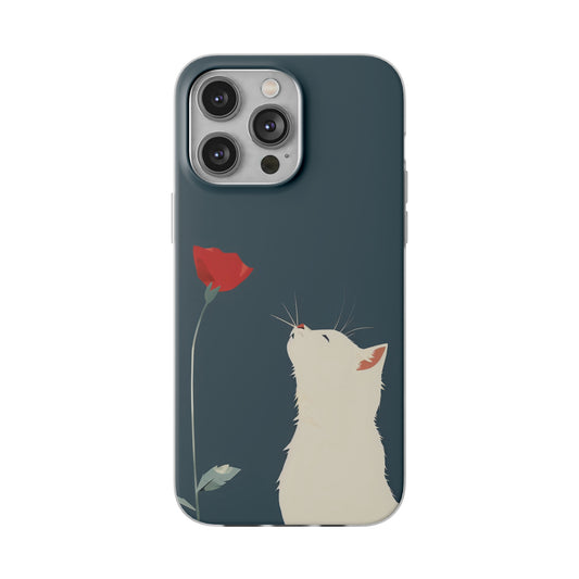 iPhone Flexi Case - White Cat Red Poppy, Perfect Gift For Cat Moms, Mothers Day, Birthday